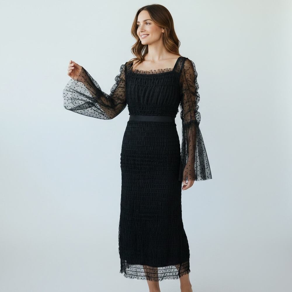 VENUS Black Swiss Dot Tulle Midi/Maxi Dress  Smocked Skirt Poet Sleeves XL